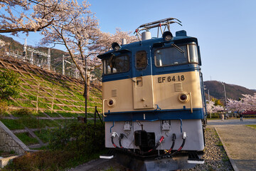 山梨県　勝沼ぶどう郷駅の桜と電気機関車
