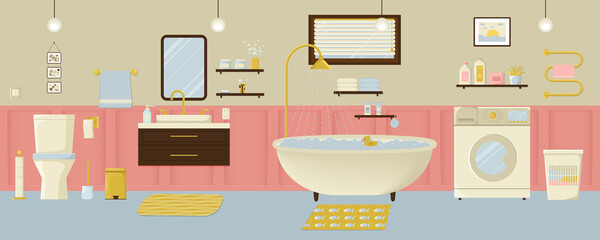 Bathroom interior with furniture in flat design style. Vector illustration.