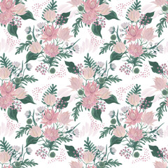 Watercolor painting seamless pattern with beautiful gentle pink flowers, leaves, berries and abstract shapes