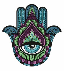 Hand drawn Ornate amulet Hamsa Hand of Fatima with an eye and Lotus