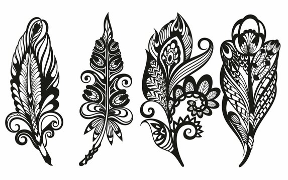 Set of Various Feather Illustration Design, Black Feather Silhouette Template Vector