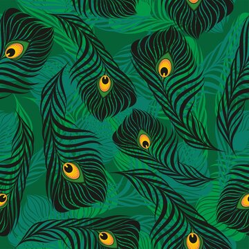 Stylish seamless pattern with peacock feathers. Vector illustration.