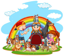 Obraz na płótnie Canvas Children with many dogs with rainbow background