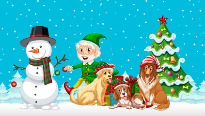 Christmas cartoon characters on snowy blue background