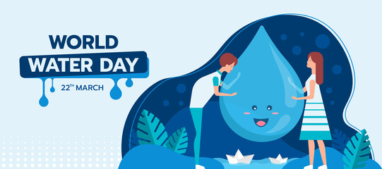 world water day - People are embracing water droplets charecter and paper boats float on water vector design