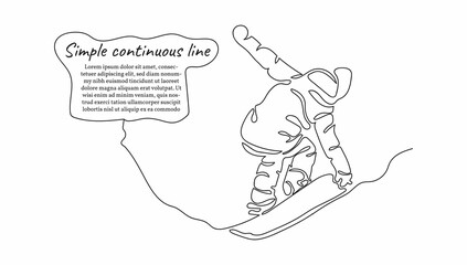 Snowboarder jumping through air with white in background. Continuous line art vector illustration