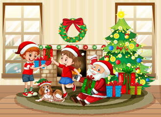 Children celebrating Christmas at home with Santa Claus