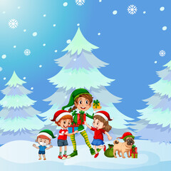 Christmas poster design with elf and children