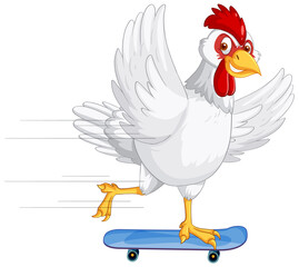 A white chicken riding on a skateboard