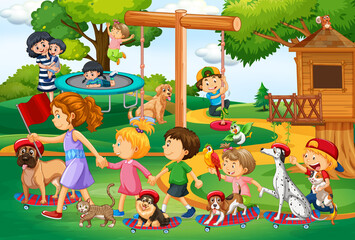 Playground scene with children playing with their animals