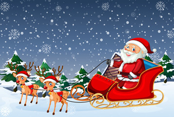 Snowy Christmas night with Santa Claus on sleigh