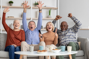 Happy multiracial elderly people watching football game on TV