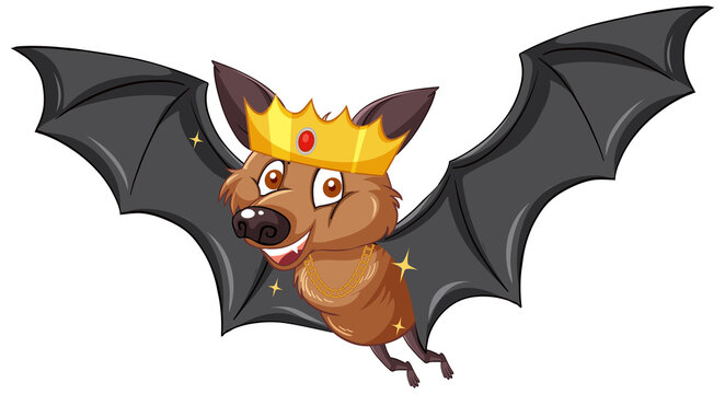 Cartoon bat wearing crown on white background