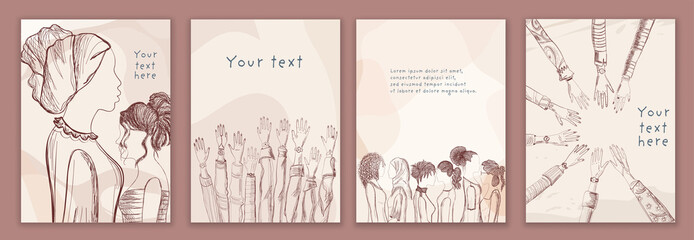 Group diverse women and girls. Sketch of multicultural women. Female social network community. Racial equality. Allyship. Empowerment. Head and hands. Brochure - poster -editable template