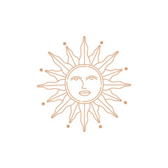 Linear boho sun with face concept, gold simple icon line in bohemian style. Witch symbol and mystic design element. Hand drawn vector illustration isolated on white background. Flat doodle style.