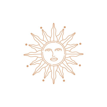 Linear boho sun with face concept, gold simple icon line in bohemian style. Witch symbol and mystic design element. Hand drawn vector illustration isolated on white background. Flat doodle style.