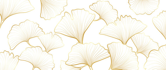 Luxury ginkgo leaf on white background. Nature wallpaper of ginkgo leaves, biloba plants in golden line art pattern. Hand drawn design for banner, covers, wall art, home decor, fabric and design.