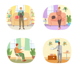 Reading people flat character set with books magazines literature isolated vector illustration. Young male and female readers dressed in trendy clothes relaxing at home with books or textbooks
