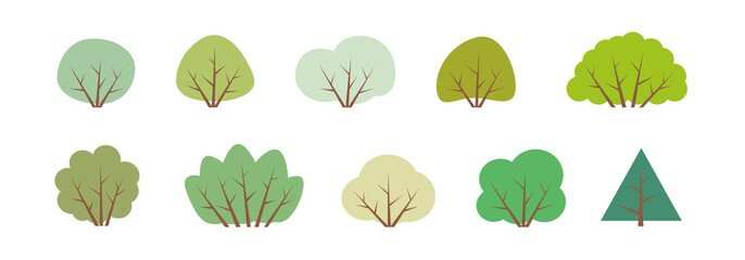 BUSHES. Set of different bush, shrub. Minimal cute nature icons. Flat vector illustration. Collection, various green bushes. Nature design icon of forest. Simple spring, summer illustration. © Simeonn