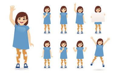 Smiling cute little girl in different poses set. Various kid gestures - thinking, angry, crying, jumping, welcoming, holding empty blank board and making idea pointing up isolated vector illustration