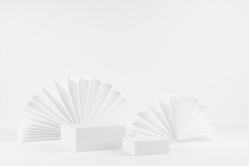 Elegant light white stage with two rectangle podiums in modern fashion style with round asian paper fans, mockup for presentation cosmetic product, advertising, design, corner, side view, 3d.