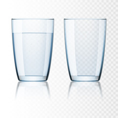 Set of glasses with water and empty, isolated.	