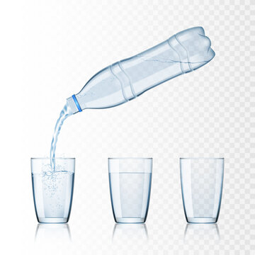 Water is poured from a bottle. Set of glasses with water and empty, isolated.