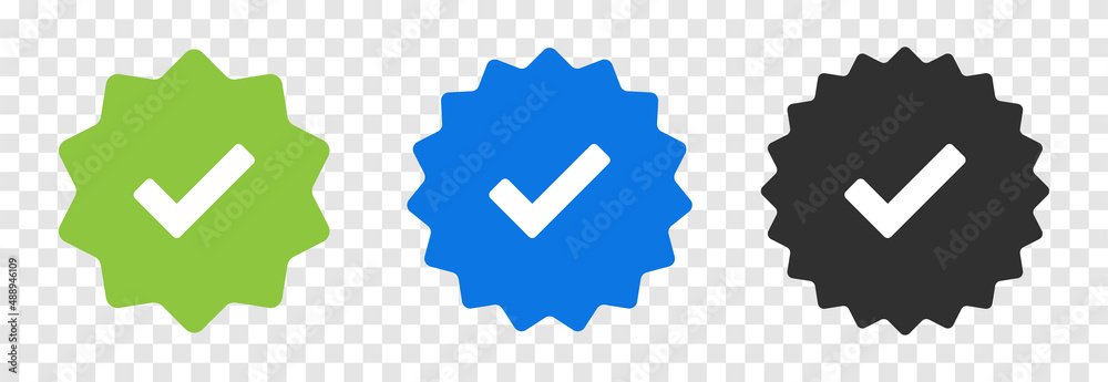 Poster Verified badge icon set. Check mark icon on badge on transparent design.