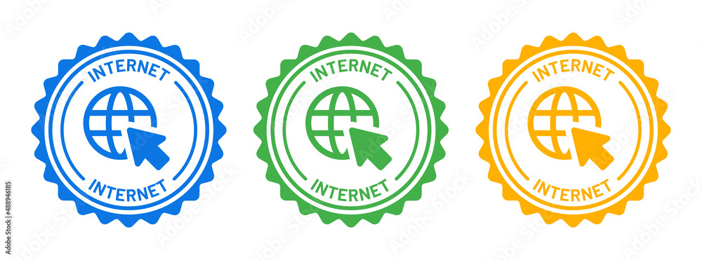 Poster Click to go to website icon set. Internet icon on round badge design.