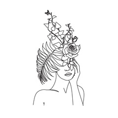 Abstract face with flowers by one line vector drawing. Portrait minimalistic style. Botanical print. Nature symbol of cosmetics. Modern continuous line art. Fashion print. Beaty salon logo.