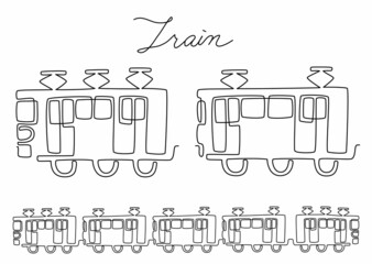 一筆書き　連結した電車とワンマン電車（白黒、モノクロ）
