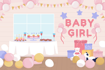 Home baby shower flat color vector illustration. Expecting baby girl. House party. Gifts and balloons. 2D simple cartoon interior with pink decorated wall on background. Fredoka One font used