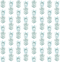 Floral ornament with green leaves and blue flowers on a white background. Seamless pattern for postcard, packaging, wrapping, scrapbooking, wallpaper, design, decoration. Vector illustration.