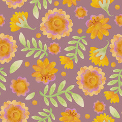 Bright floral ornament with yellow watercolor flowers. Seamless pattern for postcard, packaging, wrapping, scrapbooking, wallpaper, design, decoration. Raster illustration.