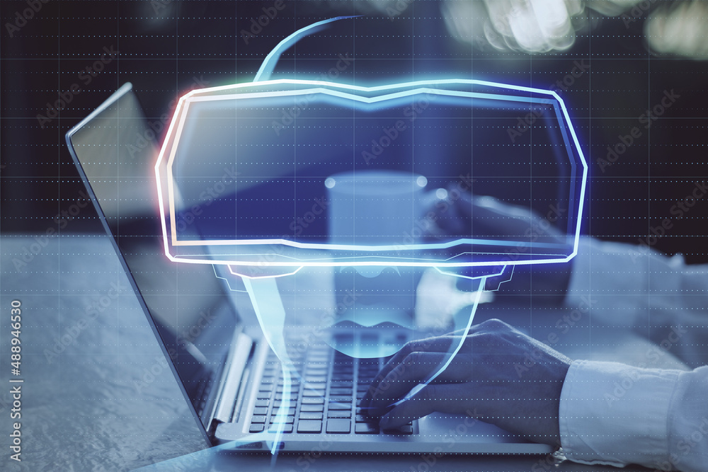 Aufkleber Close up of businessman hands using laptop computer with abstract hologram of digital head with VR glasses on blurry background. Virtual reality and technology concept. Double exposure.