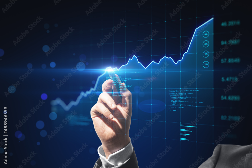 Aufkleber close up of businessman pen pointing at abstract glowing business chart hologram on blurry backgroun