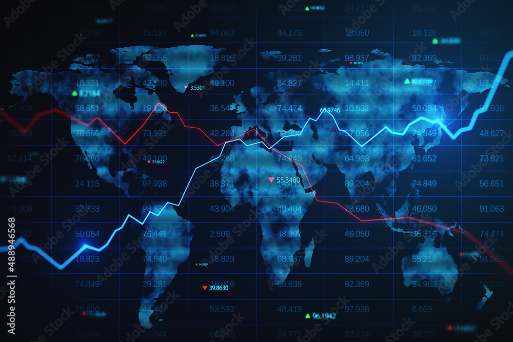 Poster creative glowing blue map hologram with chart and grid on blurry wallpaper. economy, world and stock