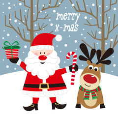 christmas card with santa claus and reindeer
