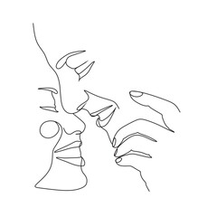 One Line Art Couple, Line Art Men and woman, Minimal Face Vector.  Couple print, Kiss print, Valentines Day Illustration. Love poster. 2 faces. We are one line. 