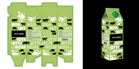 Gabarit et son rendu en 3D d’un packaging d’une brique de lait décoré de silhouettes de vaches et d’une typographie en plusieurs langues sur un fond vert.