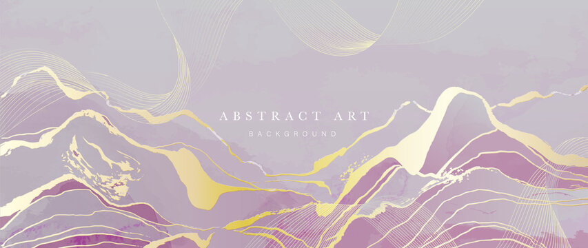 Abstract golden in pastel tone background. Luxury mountain wallpaper with purple and pink watercolor. Premium design with gold wave line art for banner, covers, wall art, home decor and invitation.