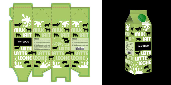 Gabarit et son rendu en 3D d&rsquo;un packaging d&rsquo;une brique de lait d&eacute;cor&eacute; de silhouettes de vaches et d&rsquo;une typographie en plusieurs langues sur un fond vert.