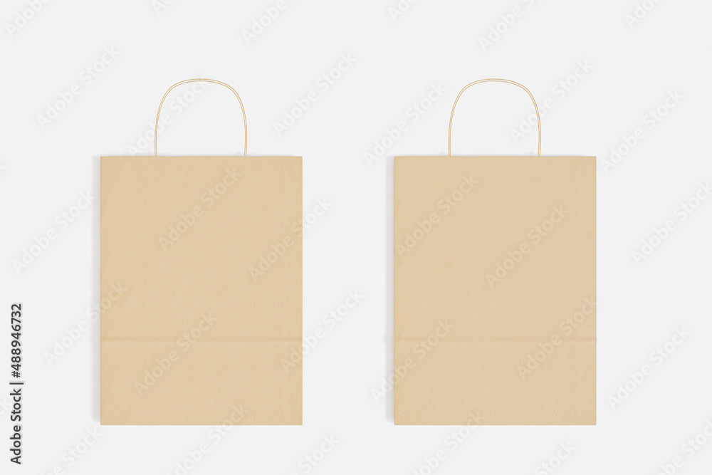 Aufkleber Close up of empty paper bag on white backdrop. Shopping concept. Mock up, 3D Rendering.