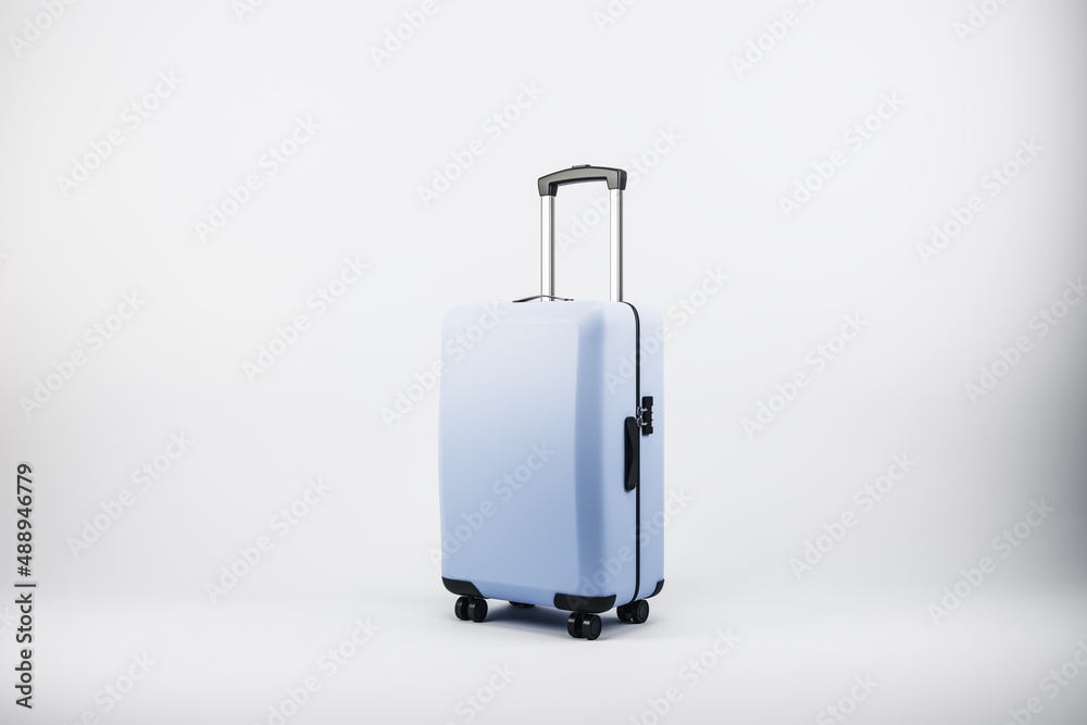 Poster suitcase on white backdrop with mock up place. luggage, bag and airplane concept. 3d rendering.