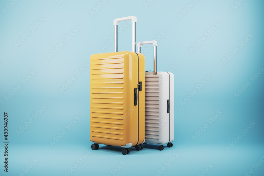 Poster two modern suitcase on blue background with mock up place. luggage, bag and airplane concept. 3d ren