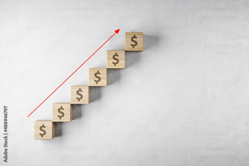 Poster Abstract growing interest rate dollars with arrow on concrete background with mock up place. Investment and finance concept. 3D Rendering.