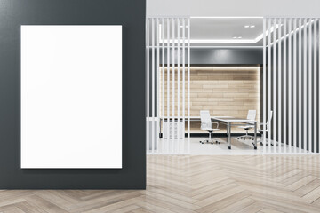 Contemporary wooden and concrete office interior with blank mock up poster on wall, furniture and blinds. Design and architecture concept. 3D Rendering.