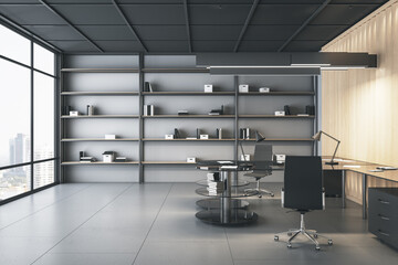 Modern office interior with desk, chair, and bookcase. Design and workplace concept. 3D Rendering.