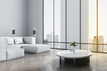Fototapeta na wymiar Modern living room interior with furniture and panoramic city view with daylight. 3D Rendering.