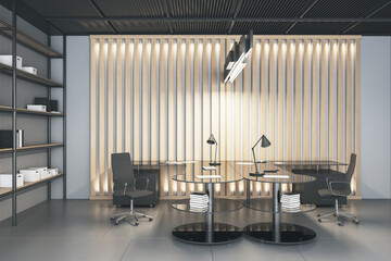 Contemporary office interior with desk, chair, and bookcase. Design and workplace concept. 3D Rendering.